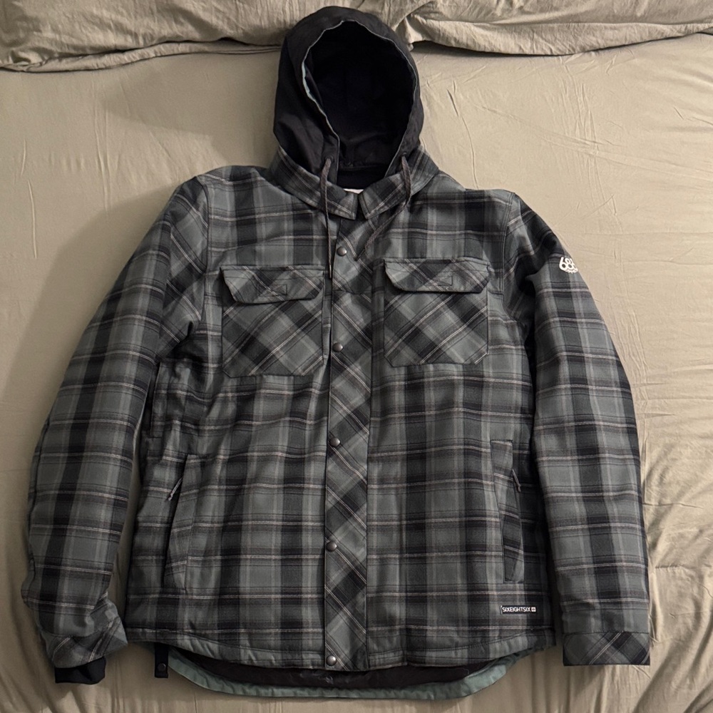 686 Men's Black and Gray Plaid Hooded Jacket